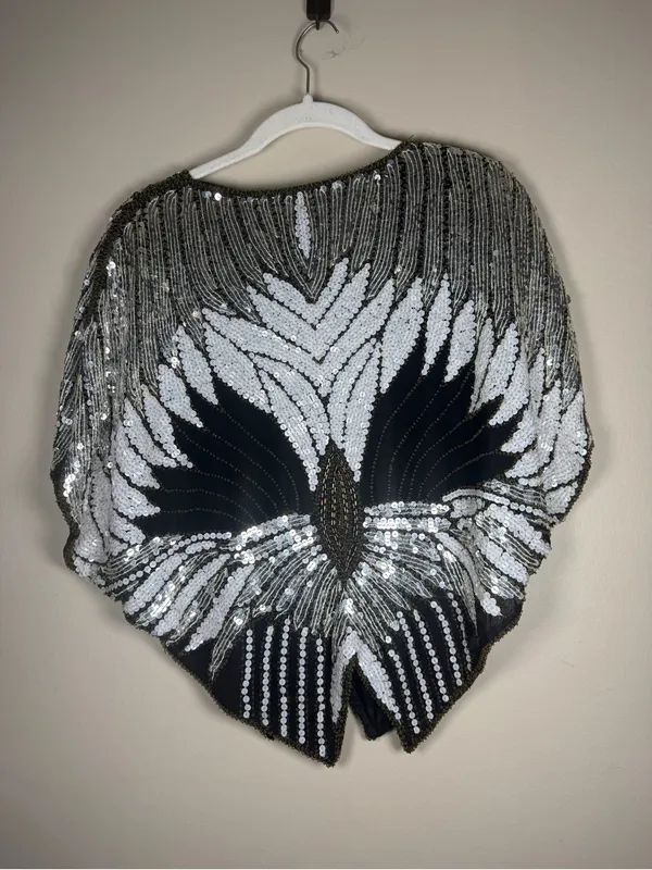 Scala Vintage 80s Black + Silver Flower Blouse Top Glam Sequin Beaded Silk - Image 6