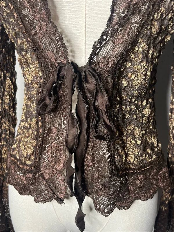 Y2K Vintage Ann Ferriday Chocolate Brown Floral Lace Tie Front Cardigan Top - Image 4