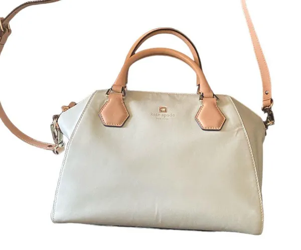 Kate Spade NEW YORK-MINT MOJITO PIPPA PARNELL STREET LEATHER SATCHEL Perfect spring bag, mint green white tan handle and crossbody strap, top zip closure, stripe print interior, inside zip pocket, inside two open pockets, amazing condition, there are two call outs, a small smudge on the bottom of the bag and a small smudge on one corner, please see the last two pictures **This bag is preowned and is being sold as is** - Image 12