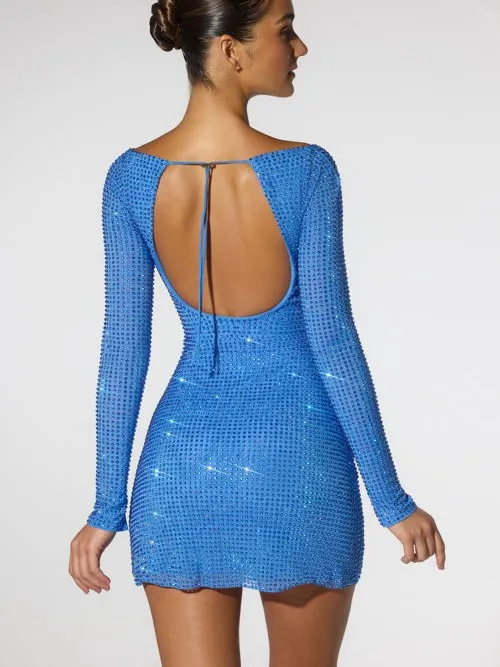 NWT Oh Polly Valeria Embellished Open Back Long Sleeve Mini Dress Cobalt Blue 8 - Image 3