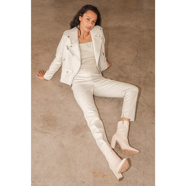 Lulus Out for the Night Beige Vegan Leather Moto Jacket XS NWT - Image 3