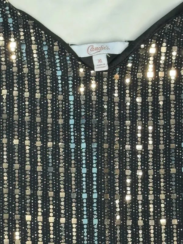 Candie's XL Black and Gold Sequin Striped V-Neck Slip Dress - Image 2