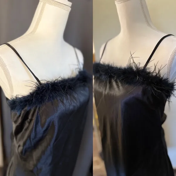 Thirty/Thirty LA Black Satin Feather Trim Mini Dress Open Back‎ Tie XL - Image 7