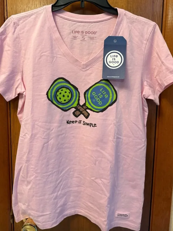 Life Is Good Pink V‑Neck Tee with Pickleball Graphic - Image 2