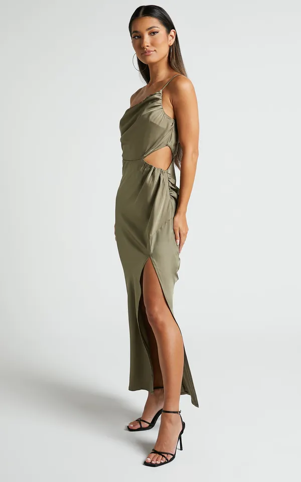 New Showpo Jaylani Midi Dress One Shoulder Thigh Split Satin Dress Size Small - Image 4