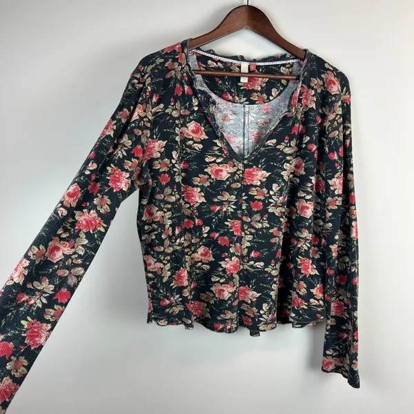 Anthropologie Pilcro Thermal Top Womens XL Split-Neck‎ Floral Waffle Knit Boho - Image 4