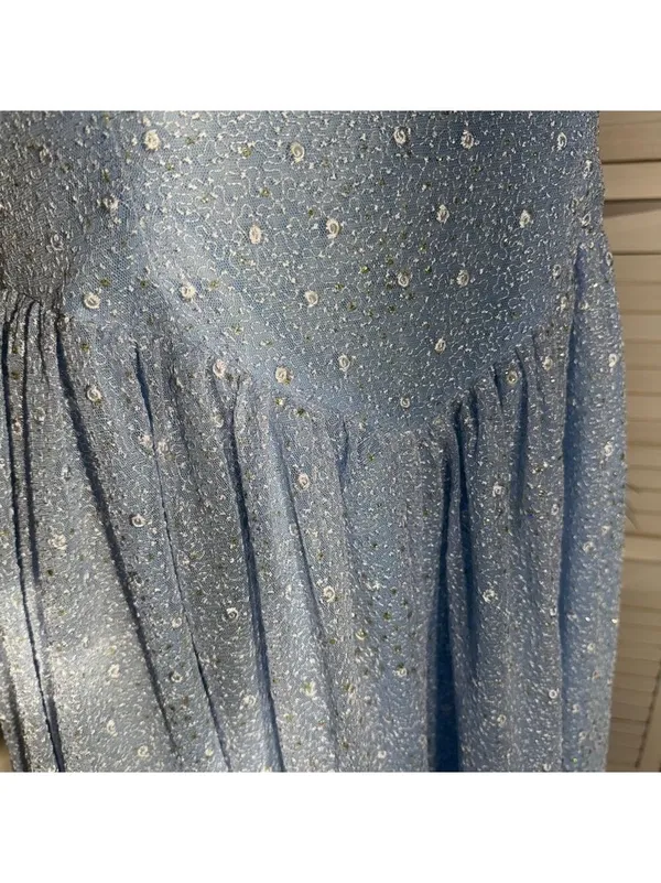 Vintage Beaded Floral Appliqués Peasant Dress Blue XL - Image 11