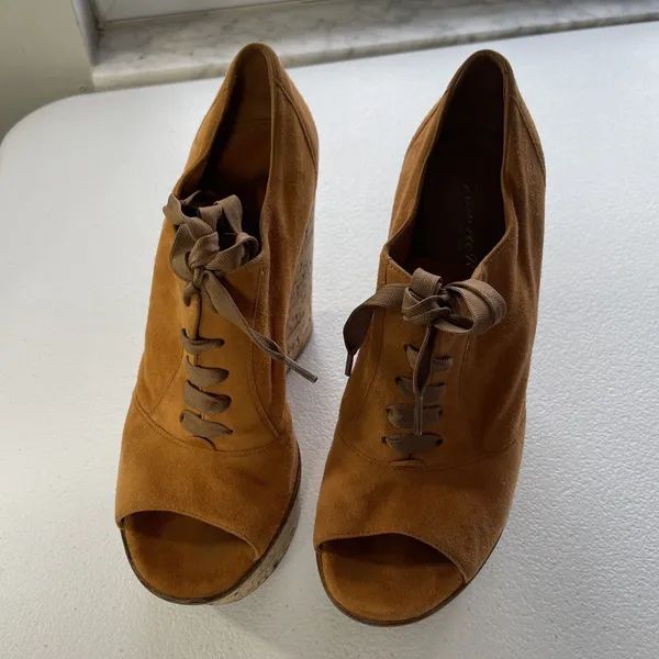 Gianvito Rossi Suede Cork Open Toe Lace Up Platform Shoes Orange/Beige Womens 37 - Image 9
