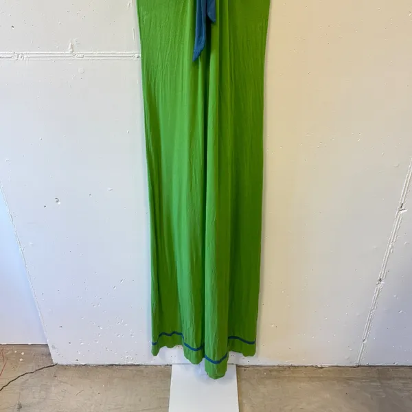 Mick & Mo Lime Green Halter Maxi‎ Dress Blue Trim Rayon Size L Boho Summer - Image 4
