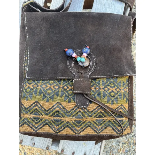 Handmade Malqui Equador Woven‎ Wool Brown Suede Leather Crossbody Shoulder Bag - Image 2