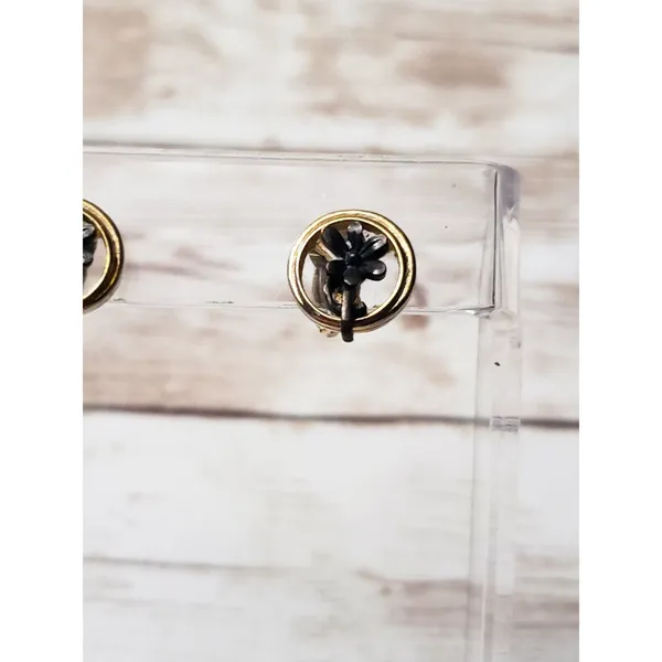 Vintage Clip On Earrings - Small Gold Tone Circle with Dark Grey Flowers - Image 3
