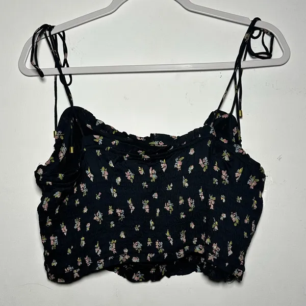 Free People Black Floral‎ Smocked Crop Top Tie Shoulder Adjustable M - Image 2