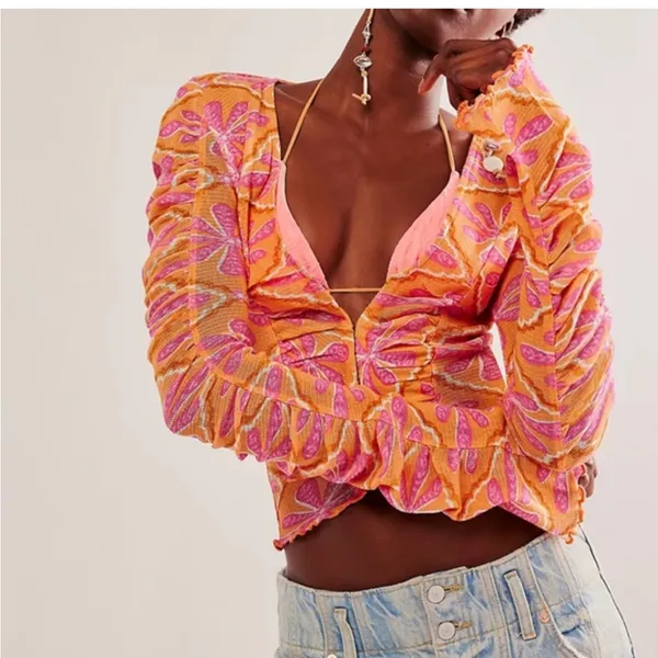 Free People Through the Meadow V Neck Floral Long Sleeve Top Pink Orange M NWT - Image 2