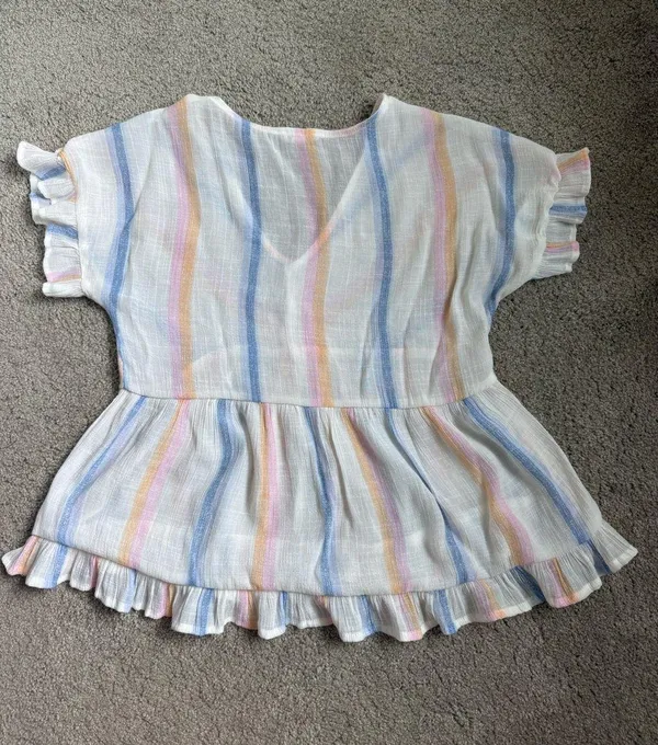 Blu Pepper Pastel Stripe V-Neck Ruffle Button Babydoll Top - Image 2
