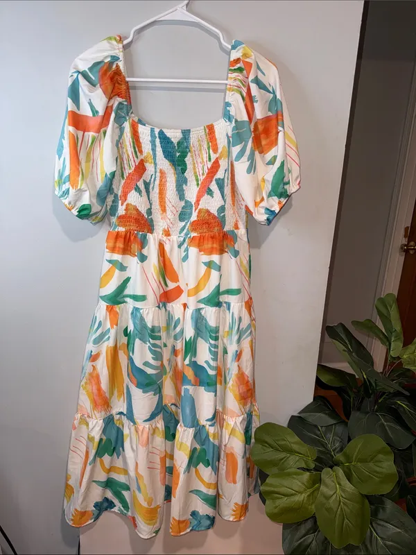 Smocked Puff-Sleeve Midi Dress in White with Orange & Teal Print - Image 8