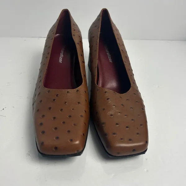 Naturalizer Brown Ostrich Embossed Leather Square Toe Block Heel Pumps 9M FLAW - Image 2