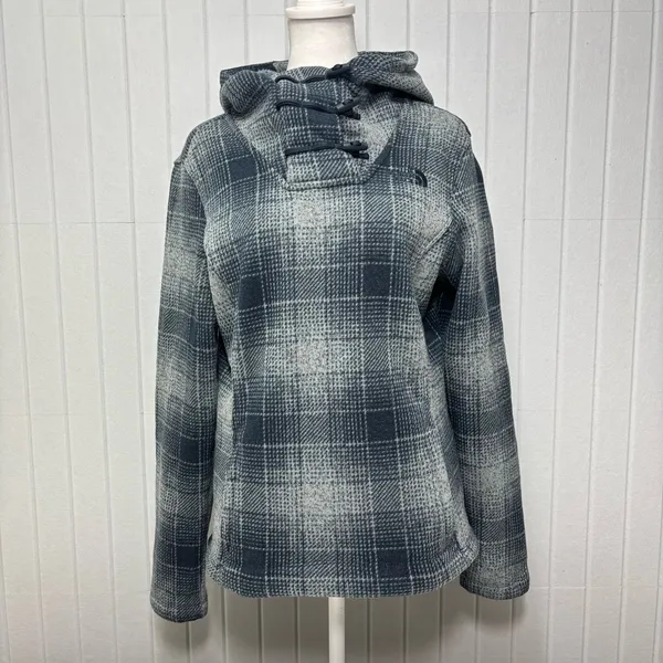 The North Face Women's Plaid Fleece‎ Pullover Cowl Blue and gray Hoodie Size S - Image 3