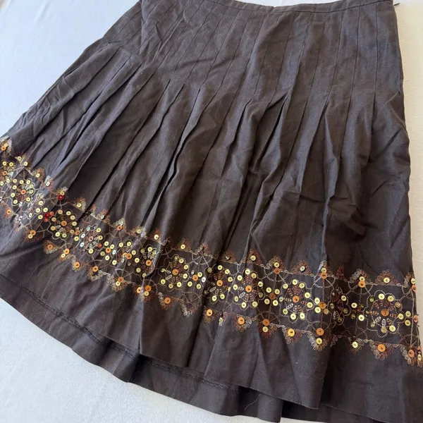 Ann Taylor Loft Brown Linen Blend Pleated Sequin Hem A-Line‎ Skirt Womens 10 - Image 6