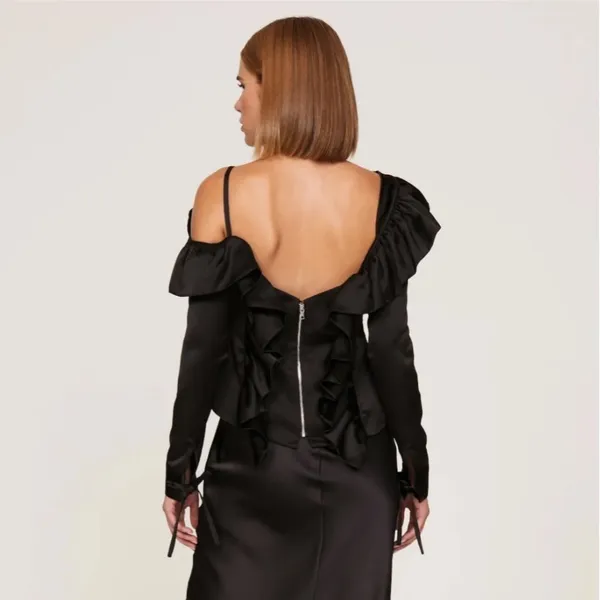 Osman Yousefzada Black Ruffle Cold Shoulder Satin Top Size 2 Whimsigoth Y2K - Image 9
