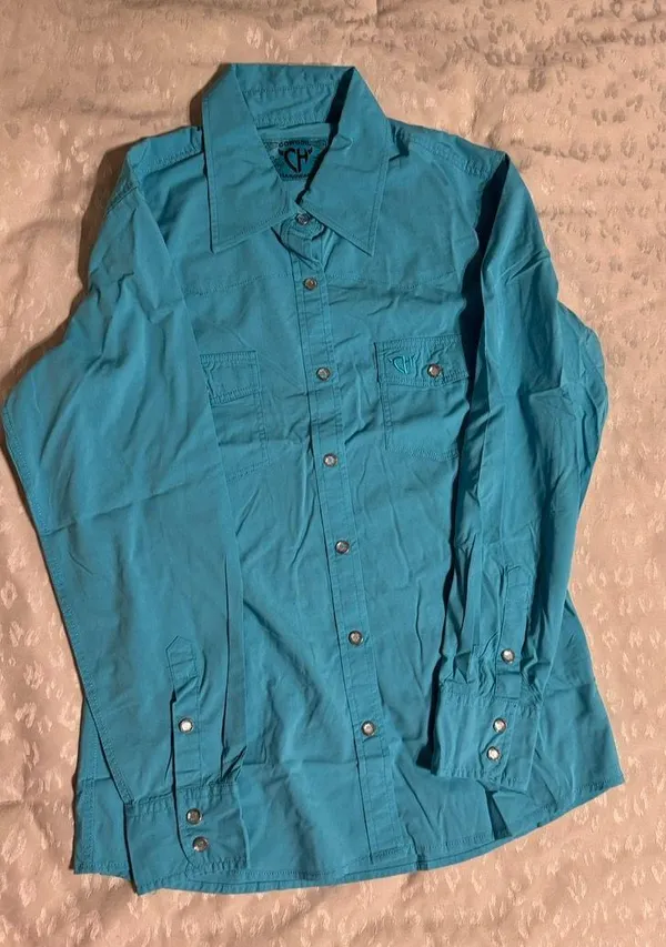 Cowgirl Hardware Bamboo Western Pearl Rhinestone Snap Women’s Aqua Blue Cowgirl Shirt - Image 9