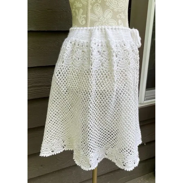 Vintage Handmade Crochet Lace Skirt Cover Up White Boho Festival Drawstring M - Image 12