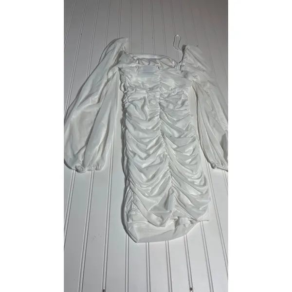 Hello Molly Long Flight Dress White Ruched Mesh Cutout Mini Long Sleeve US 4 S - Image 7