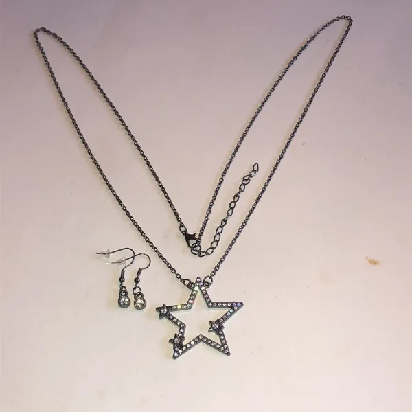 Dark Metal Star Outline Pendant Necklace Rhinestone Accents and Earrings Set - Image 3