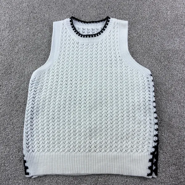 Open Knit Sweater Vest Size Small White Black‎ Contrast Trim Sleeveless Layering - Image 3