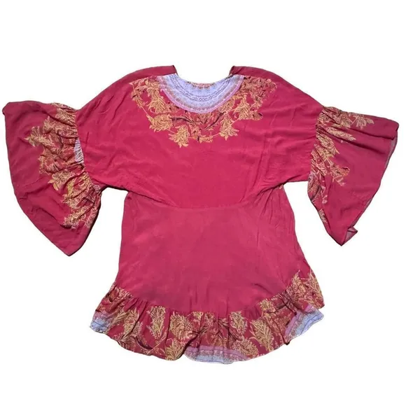 Free People Sunset Dreams printed flare sleeve blouse sz Small red‎ - Image 10