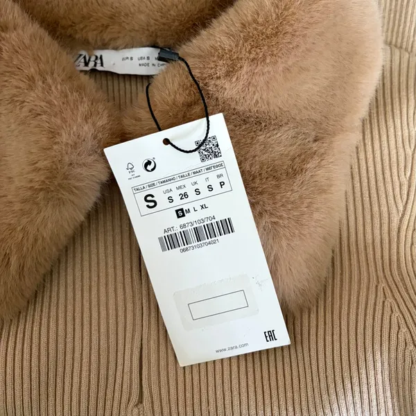 NWT!! ZARA Faux Fur Lapel Knit Sweater Tan‎ Light Brown Zipper Pullover Small - Image 11