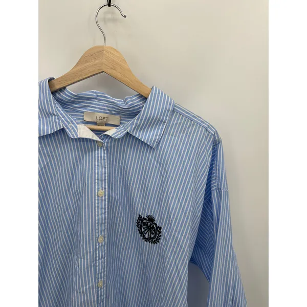 Loft‎ Striped Poplin Crest Everyday Oversized Shirt Women XL Preppy Academia - Image 5