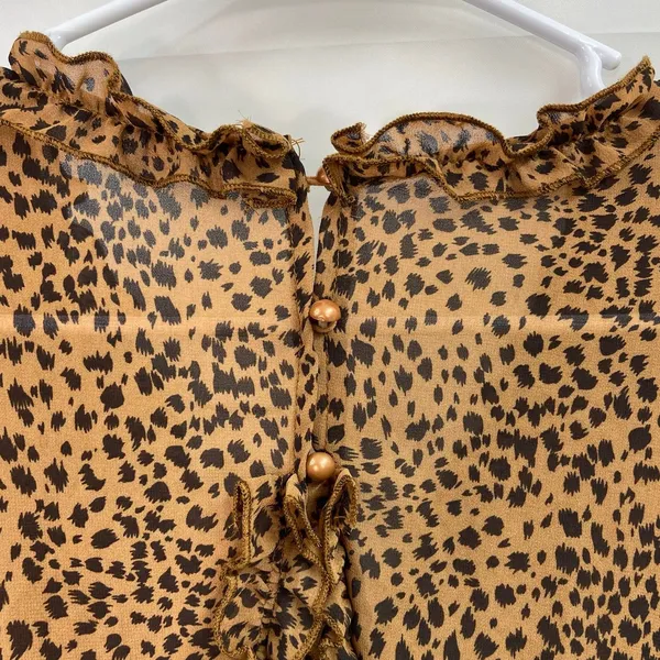 Women's brown leopard print ruffle deep v-neck flowy long‎ sleeve casual dress S - Image 6