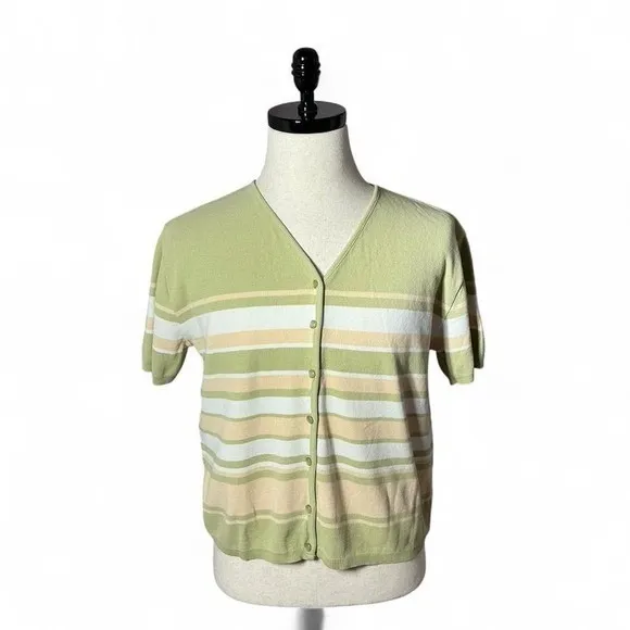 Vintage Y2K Forever Sage Green Fisherman Striped Knit‎ Cardigan Top Women's L - Image 2
