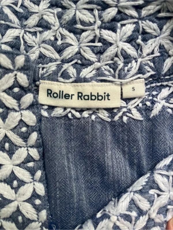 Roller Rabbit Blue White Cap Sleeve Embroidered 100% Cotton Boho Preppy Top S - Image 4