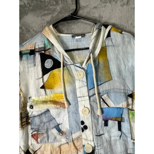 Dolcezza Simply Art Linen Blend Hooded Jacket Large Abstract Print Artsy Boho - Image 2