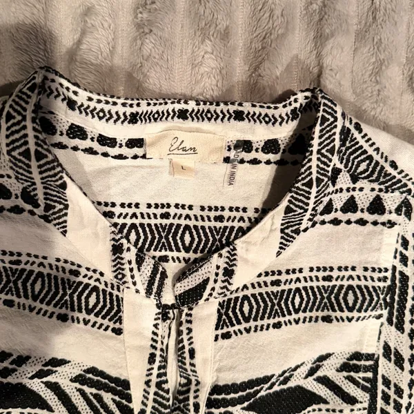 Elan Geometric Print Babydoll Mini Dress White Black Boho Tiered Bell‎ Sleeve L - Image 3