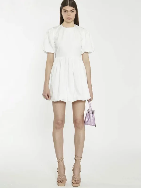 Glamorous Puff-Sleeve Mini Dress White Open Back Lace Up Skater Dress White Sz 4 - Image 2