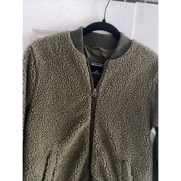 Abercrombie & Fitch Sherpa Bomber Jacket Womens Size XS Olive Green Teddy Fleece - Image 4