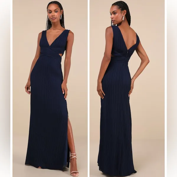 Lulus Compelling Poise Navy Blue Plisse Cutout Sleeveless Maxi Dress Size Medium - Image 2