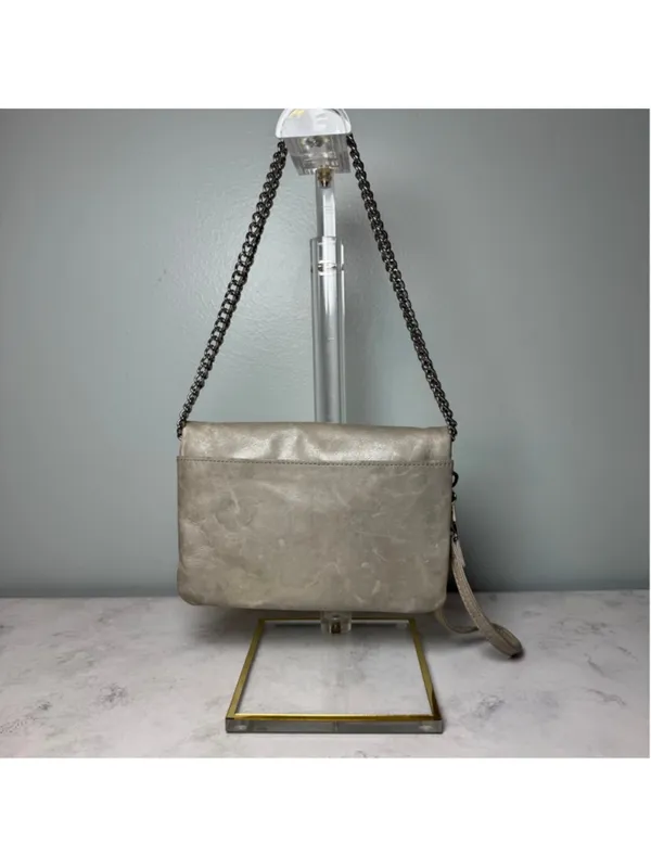 Women's Hobo Daria Leather Shoulder Bag Clutch Small Taupe Silver - Image 2
