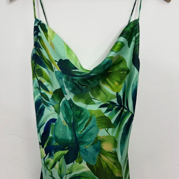 Zara Green Tropical Palm Leaf Satin Long Maxi Slip Dress Size XS - Image 4