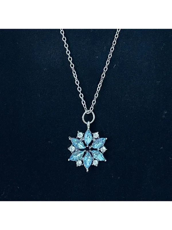 Necklace Snowflake Pendant Clear & Blue Crystals With Silver Tone Chain - Image 3