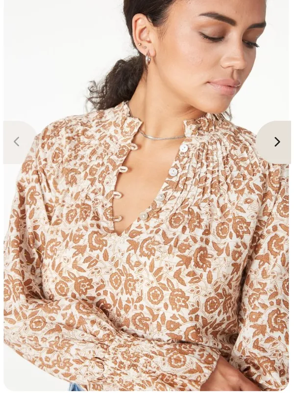 Cleobella Reza Blouse Peasant Tamil Block Print Floral Cotton Boho Brown Ivory - Image 5
