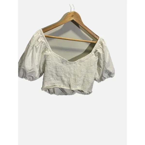 J.Crew Wrap Crop Top Womens XL White‎ Puff Sleeve Smocked Cotton Cottagecore - Image 5
