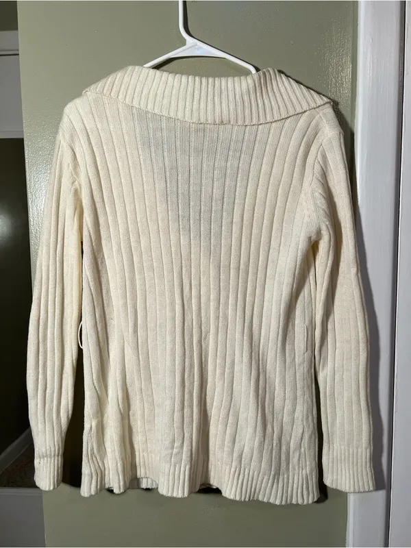 Vintage Kmart Women's Size Medium Cardigan Sweater Cream White Collared Pockets - Image 5