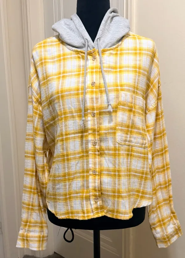 Ultra Flirt Yellow Plaid Hooded Flannel Button-Down Shirt Size XL - NWOT - Image 5