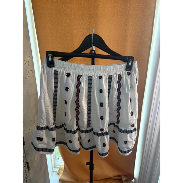 LOFT Linen Blend Embroidered Mini Skirt White Navy Red Boho Smocked Waist Size M - Image 3