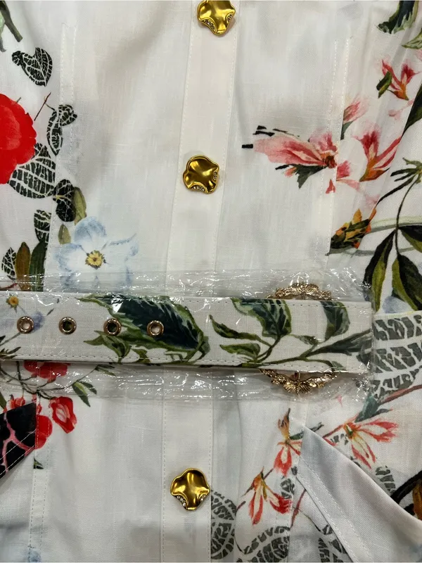 Commense Floral Linen Look Mini Dress with Belt Gold Buttons Size Small NWT - Image 6