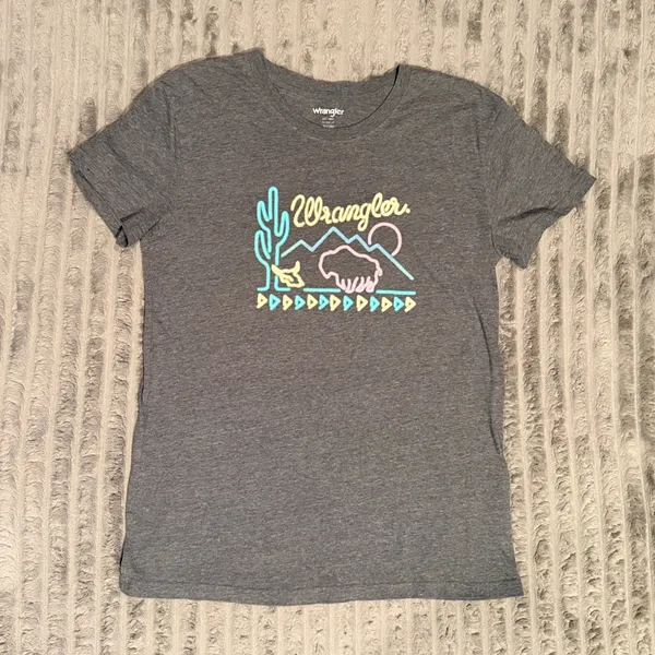 Wrangler Womens Graphic T-Shirt Gray Neon Desert Buffalo Cactus Small - Image 2