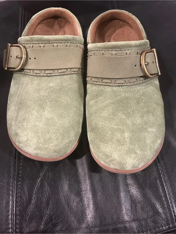 REVITALIGN Olive Green Suede Buckle Clog Mules - Image 2